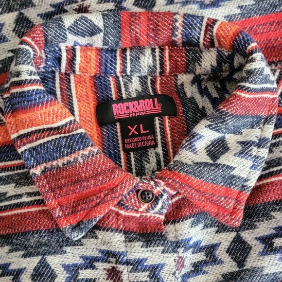 Rock & Roll Denim Shirt Womens XL Red White Blue Aztec Button Up Jacket Shacket - Picture 10 of 14